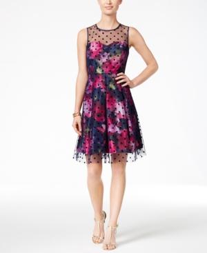 Sandra Darren Petite Illusion-dot Floral-print A-line Dress