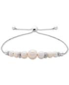 Cultured Freshwater Pearl (4-1/2mm To 8-1/2mm) & Diamond Accent Bolo Bracelet In Sterling Silver