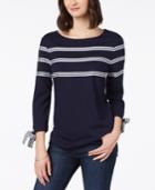Charter Club Ribbon-trim Tie-sleeve Top, Created For Macy's