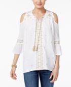 Style & Co Petite Embroidered Cold-shoulder Peasant Top, Only At Macy's