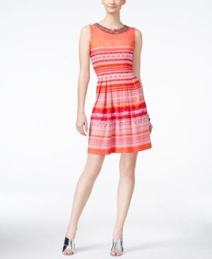 Sandra Darren Sleeveless Embellished Printed A-line Dress