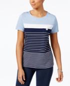 Karen Scott Striped Button-shoulder Active Top, Only At Macy's