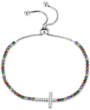 Tiara Multicolor Cubic Zirconia East-west Cross Bolo Bracelet In Sterling Silver