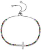 Tiara Multicolor Cubic Zirconia East-west Cross Bolo Bracelet In Sterling Silver