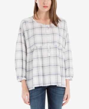 Max Studio London Cotton Windowpane-print Bishop-sleeve Top