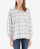 Max Studio London Cotton Windowpane-print Bishop-sleeve Top