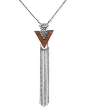 Silver-tone Wood Triangle Tassel Lariat Necklace