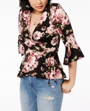 Bcx Juniors' Printed Bell-sleeve Wrap Top