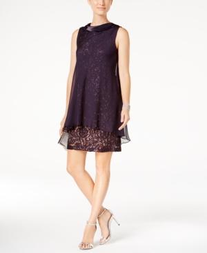 Sl Fashions Sequined Lace Chiffon Shift Dress
