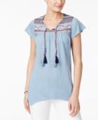 Style & Co Embroidered Flutter-sleeve Top, Only At Macy's