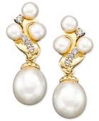 14k Gold Earrings, Cultured Freshwater Pearl And Diamond (1/6 Ct. T.w.)