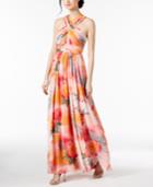 Calvin Klein Tropical Chiffon Crisscross Halter Gown