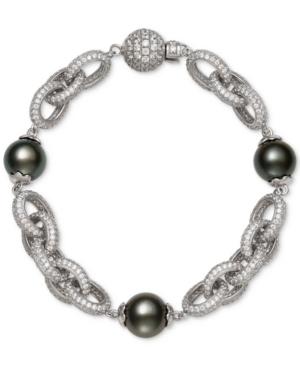 Belle De Mer Black Tahitian Pearl (10mm) & Cubic Zirconia Link Bracelet In Sterling Silver