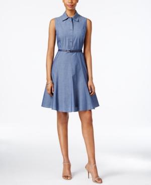 Nine West Pleated Denim Fit & Flare Shirtdress