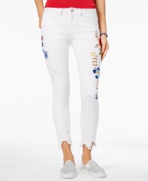 Indigo Rein Juniors' Embellished Ripped Skinny Ankle Jeans