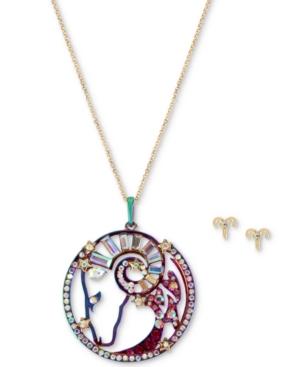 Betsey Johnson Two-tone Multi-stone Aries Zodiac Pendant Necklace & Stud Earrings