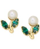 Children's Cultured Freshwater Pearl And Green Crystal Stud Earrings In 14k Gold