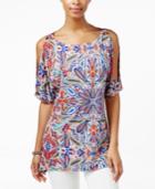 Cable & Gauge Printed Cold-shoulder Grommet-trim Blouse