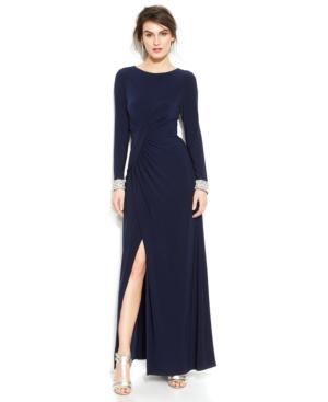 Vince Camuto Long-sleeve Embellished Faux-wrap Gown