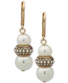 Anne Klein Gold-tone Pave Bead & Imitation Pearl Drop Earrings