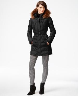 Bar Iii Faux-fur-hood Belted Puffer Coat