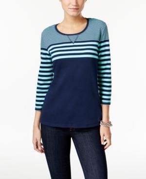 Karen Scott Petite Colorblocked Striped Top, Only At Macy's