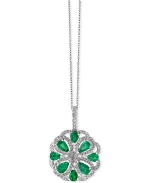 Brasilica By Effy Emerald (1-3/8 Ct. T.w.) And Diamond (3/8 Ct. T.w.) Flower Pendant Necklace In 14k White Gold, Created For Macy's