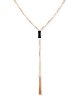 Guess Gold-tone Pave Bead, Stone & Tassel Lariat Necklace, 18 + 2 Extender