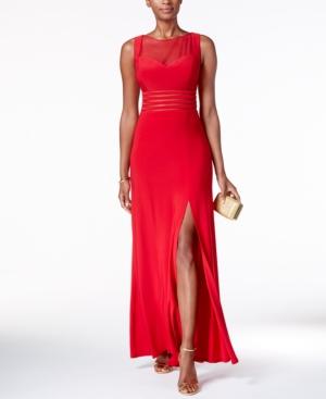 Nightway Petite Illusion Mesh Slit Gown