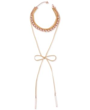 Guess Rose Gold-tone Crystal & Brown Faux Leather Tie Choker Necklace