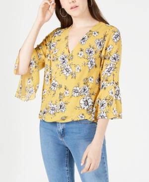 Bcx Juniors' Printed Bell-sleeved Surplice Top