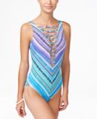 Bleu By Rod Beattie Printed Lattice-front High-neck One-piece Swimsuit Women's Swimsuit