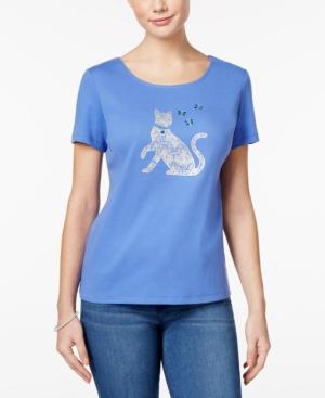 Karen Scott Embellished Cat Graphic T-shirt, Only At Macy's