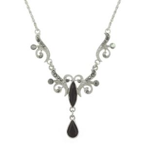 2028 Silver-tone Black And Hematite Color Crystal Teardrop Collar Necklace 16 Adjustable