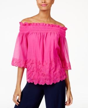Trina Turk Embroidered Off-the-shoulder Crinkle Top