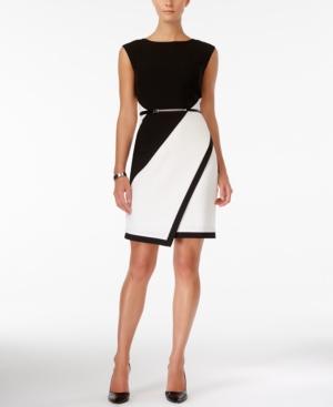 Sandra Darren Colorblocked Belted Asymmetrical-hem Sheath Dress
