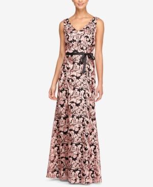 Alex Evenings Embroidered V-neck Sash Gown