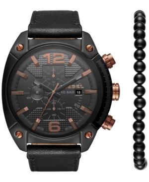 Diesel Men's Chronograph Overflow Black Leather Strap Watch 49mm Gift Set