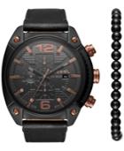 Diesel Men's Chronograph Overflow Black Leather Strap Watch 49mm Gift Set