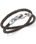 Men's Brown Woven Leather Wrap Bracelet With Diamond Accent In Stainless Steel