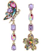 Betsey Johnson Gold-tone Crystal Butterfly & Flower Mismatch Earrings
