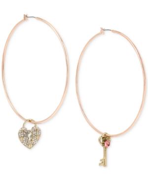 Betsey Johnson Rose Gold-tone Crystal Lock & Key Mismatch Hoop Earrings