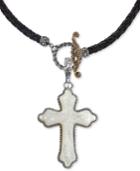 American West Mother-of-pearl Cross Black Leather 20 Pendant Necklace In Sterling Silver