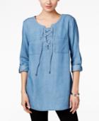 Style & Co. Petite Lace-up Denim Top, Only At Macy's