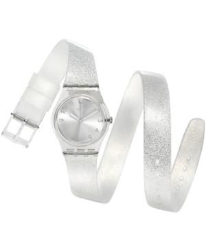 Swatch Women's Swiss Silver Glistar Silver-tone Glitter Semi-transparent Silicone Wrap Strap Watch 25mm Lk343