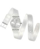 Swatch Women's Swiss Silver Glistar Silver-tone Glitter Semi-transparent Silicone Wrap Strap Watch 25mm Lk343