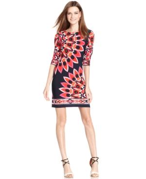 Sandra Darren Three-quarter-sleeve Floral-print Shift