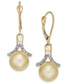 Cultured Golden South Sea Pearl (9mm) And Diamond (1/5 Ct. T.w.) Drop Earrings In 14k Gold