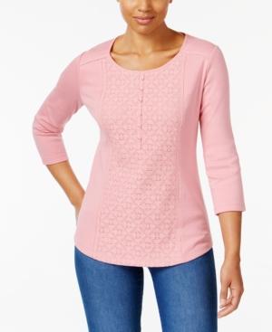Karen Scott Petite Cotton Lace Henley Top, Created For Macy's