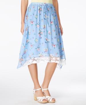 Alice Through The Looking Glass Juniors' Printed Handkerchief-hem Midi Skirt